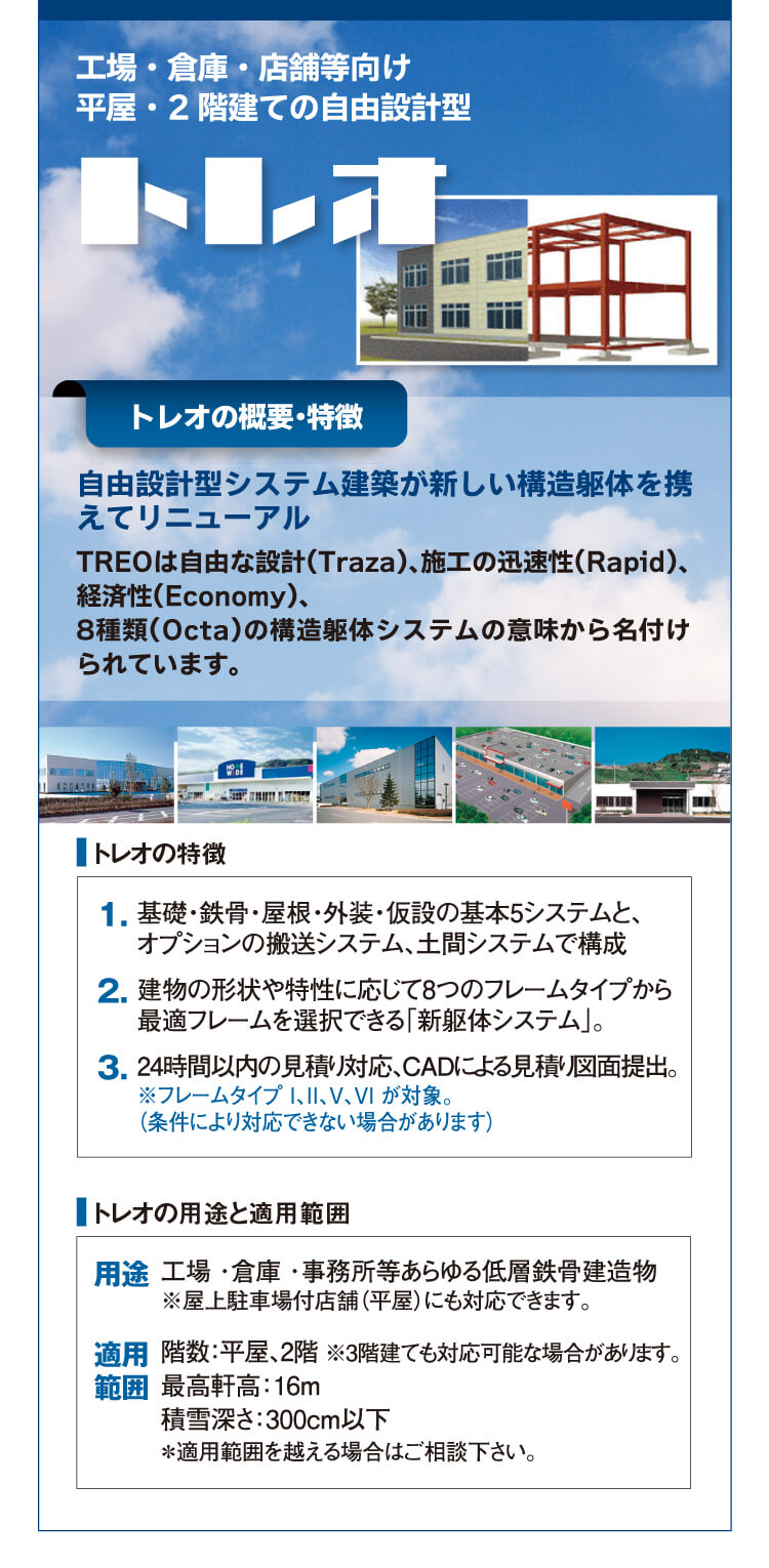 トレオ・工場・倉庫・店舗・平屋・2階建・自由設計型